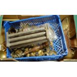 A box of miscellaneous items to include brass sundial, pewter inkwell,