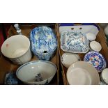 Two boxes of miscellaneous china to include Victorian transfer decorated blue & white tureen and