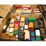 Two boxes of assorted loose and playworn diecast toy vehicles together with various boxes examples