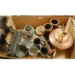A box of miscellaneous metalware to include; copper range kettle, cast iron doorstop,