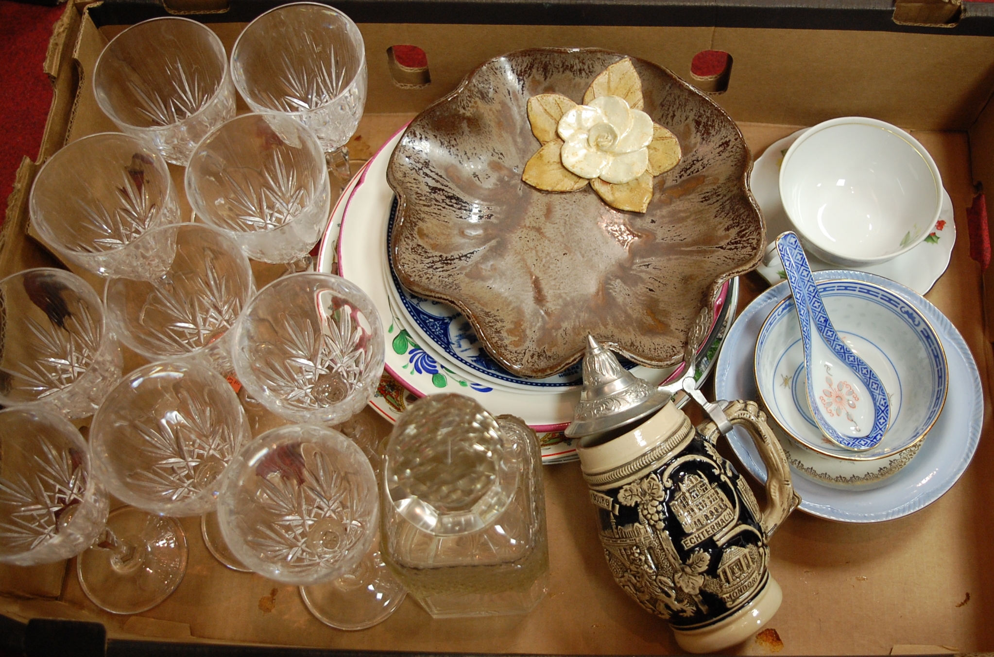 A box of miscellaneous china and glassware to include wine hocks, decanter and stopper,