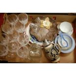 A box of miscellaneous china and glassware to include wine hocks, decanter and stopper,