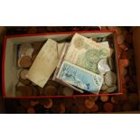 A collection of English & foreign coinage and bank notes to include American Liberty dollar,