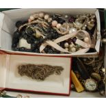 A box of miscellaneous costume jewellery to include various ladies wristwatches, beaded necklaces,