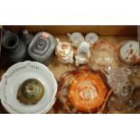 A box of miscellaneous items to include 19th century pewter tobacco jar, carnival glass bowl,