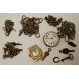 Mixed lot to include continental silver cased pocket watch, watch chain, sundry watch keys,