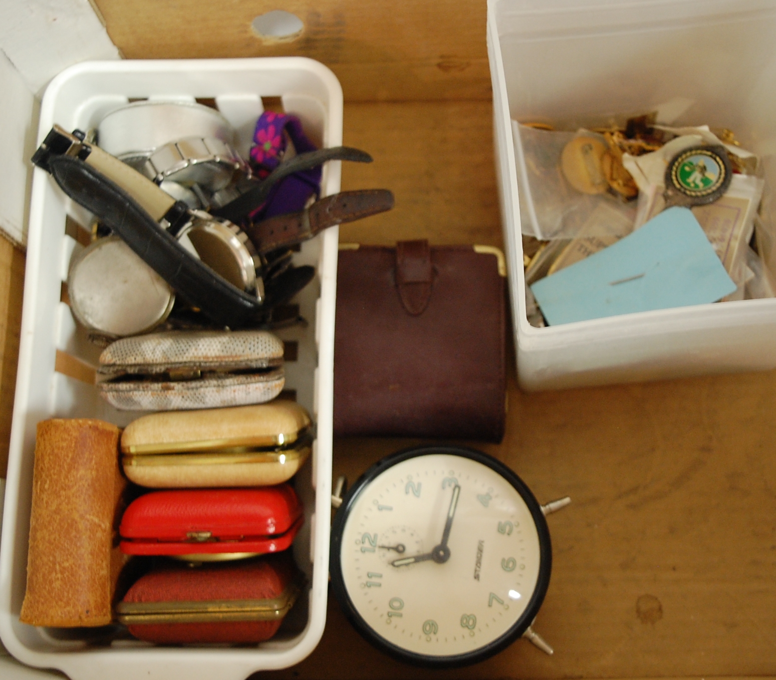 A box of miscellaneous items to include various travel clocks, gents wristwatches,