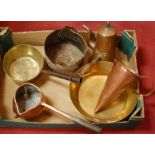 A box of miscellaneous metalwares to include a copper chocolate pot and brass pan etc