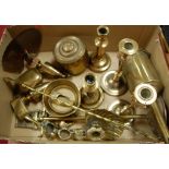 A box of miscellaneous brass wares to include Salter Improved brass roasting jack,