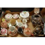 A box of miscellaneous items to include; silver plated three piece teaset, mottoware beaker,