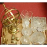 A box of miscellaneous items to include cut glass ships decanter and stopper, brass armillary globe,