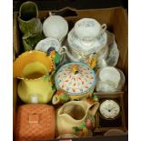 A box of miscellaneous china to include Art Deco Burleighware jug together with a modern wall clock