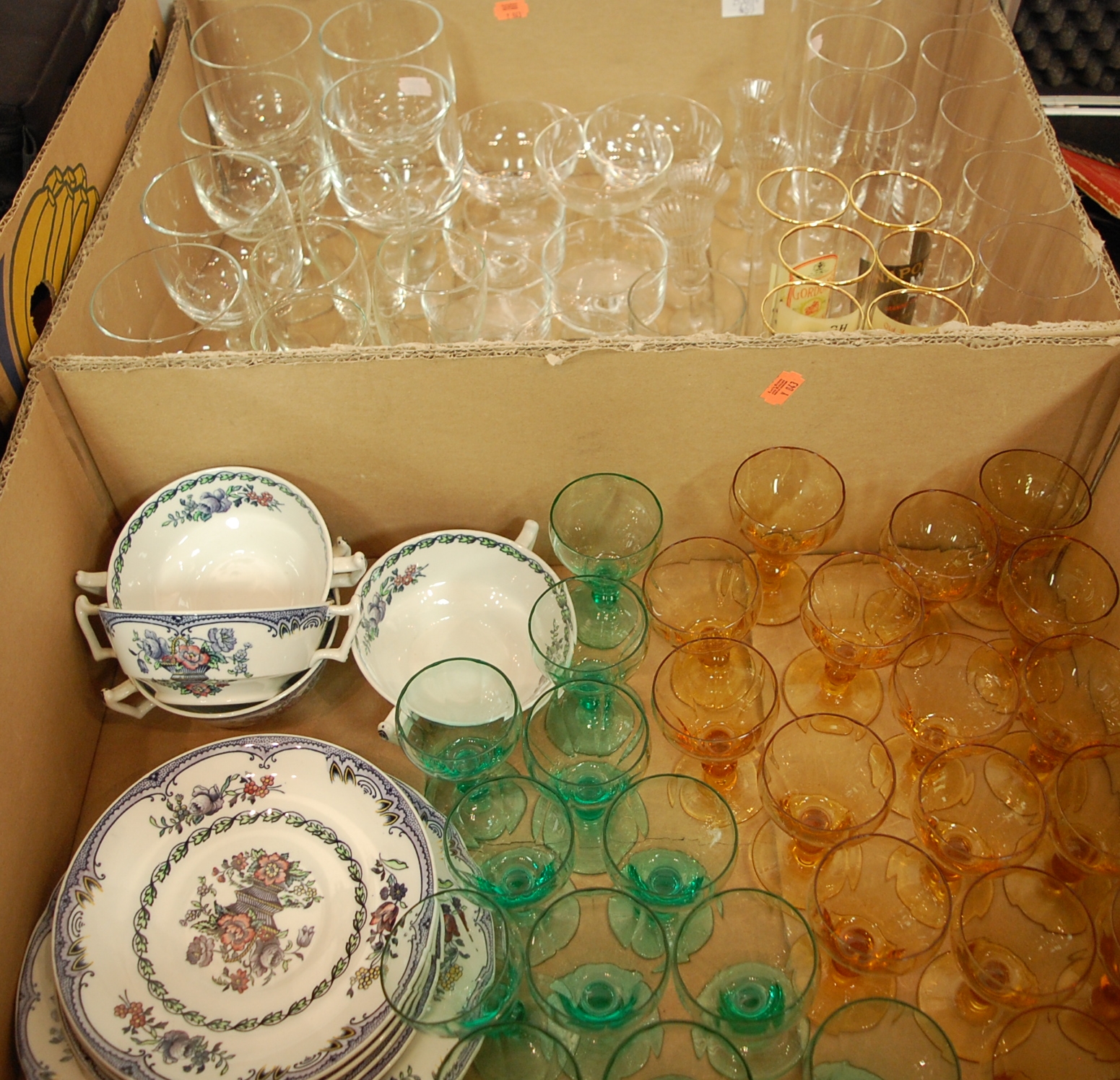 Two boxes of miscellaneous china and glassware to include Copeland Spode Avondale pattern teawares