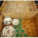 Two boxes of miscellaneous china and glassware to include Copeland Spode Avondale pattern teawares