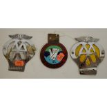 Two AA car badges together with The Camping Club of Great Britain and Ireland enamel car badge (3)
