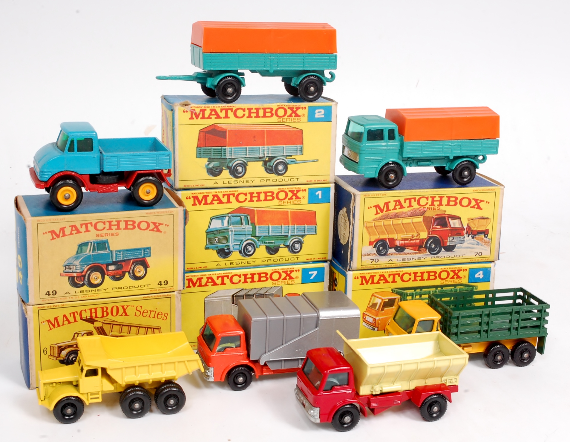 Matchbox 1-75 Series E and F Boxed Type Diecast Group, 7 examples to include No.