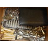 A box of miscellaneous silver plated wares to include Mappin & Webb Princes plate warmer,