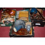 Four boxes of miscellaneous items to include silver plated tray, carved tribal figure,