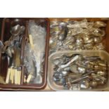 A box of miscellaneous silver plated wares to include loose flatwares, cruet set,