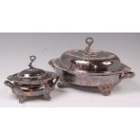 An early Victorian silver plated vegetable tureen and cover with matching sauce tureen and cover,