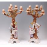 A pair of circa 1900 Sitzendorf porcelain five-light candelabra,