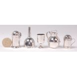 A collection of miniature silver, comprising; water jug and cover, wine funnel, pedestal goblet,