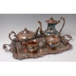A Victorian style silver four-piece tea and coffee service on tray, comprising teapot, coffee pot,