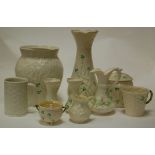 A collection of modern belleek items to include tankard, vases, jar and cover,