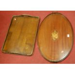An Edwardian mahogany and satinwood inlaid oval twin handled gallery tray,