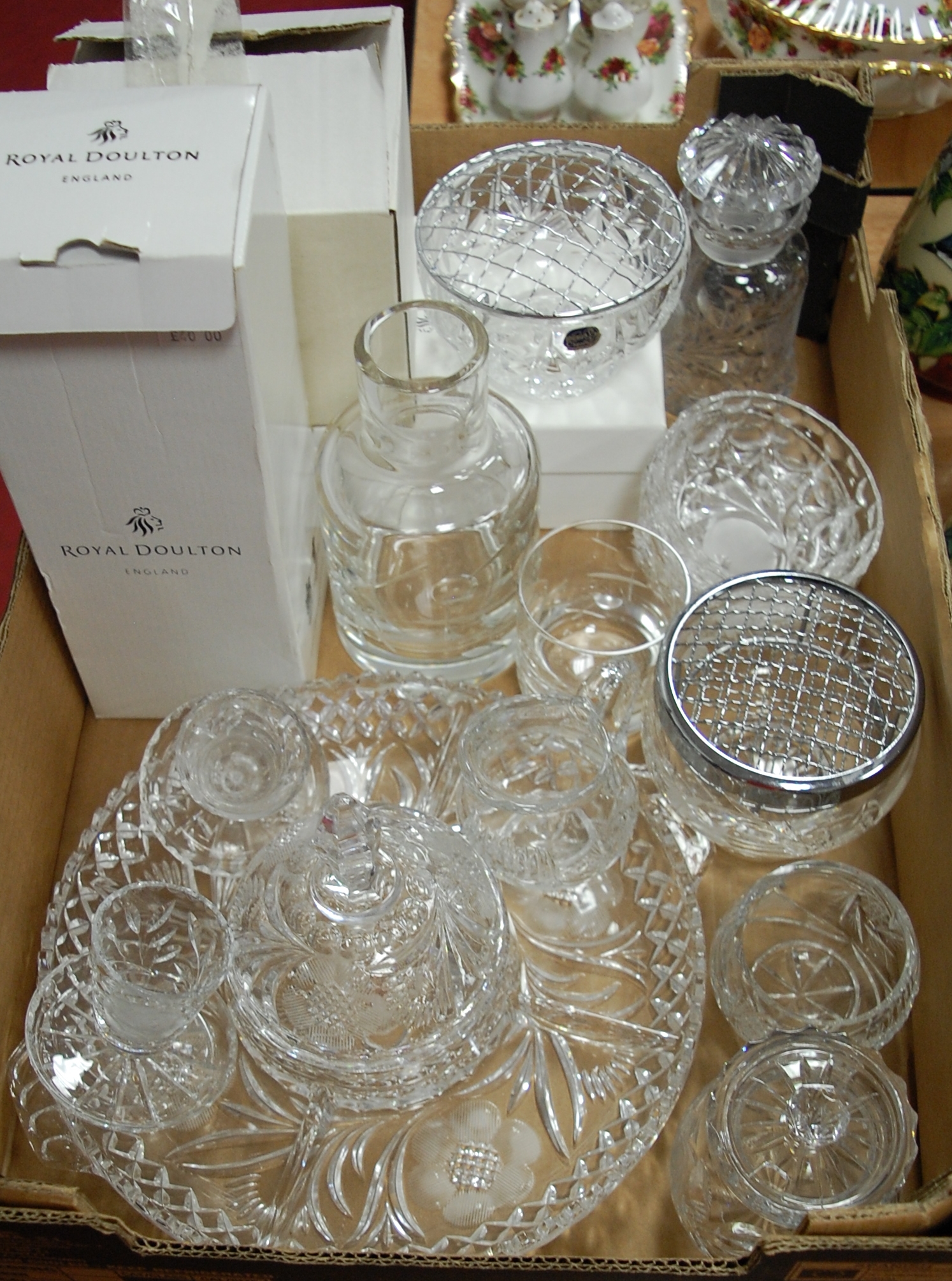 A collection of modern cut glassware to include Royal Doulton carafe, rose bowl,