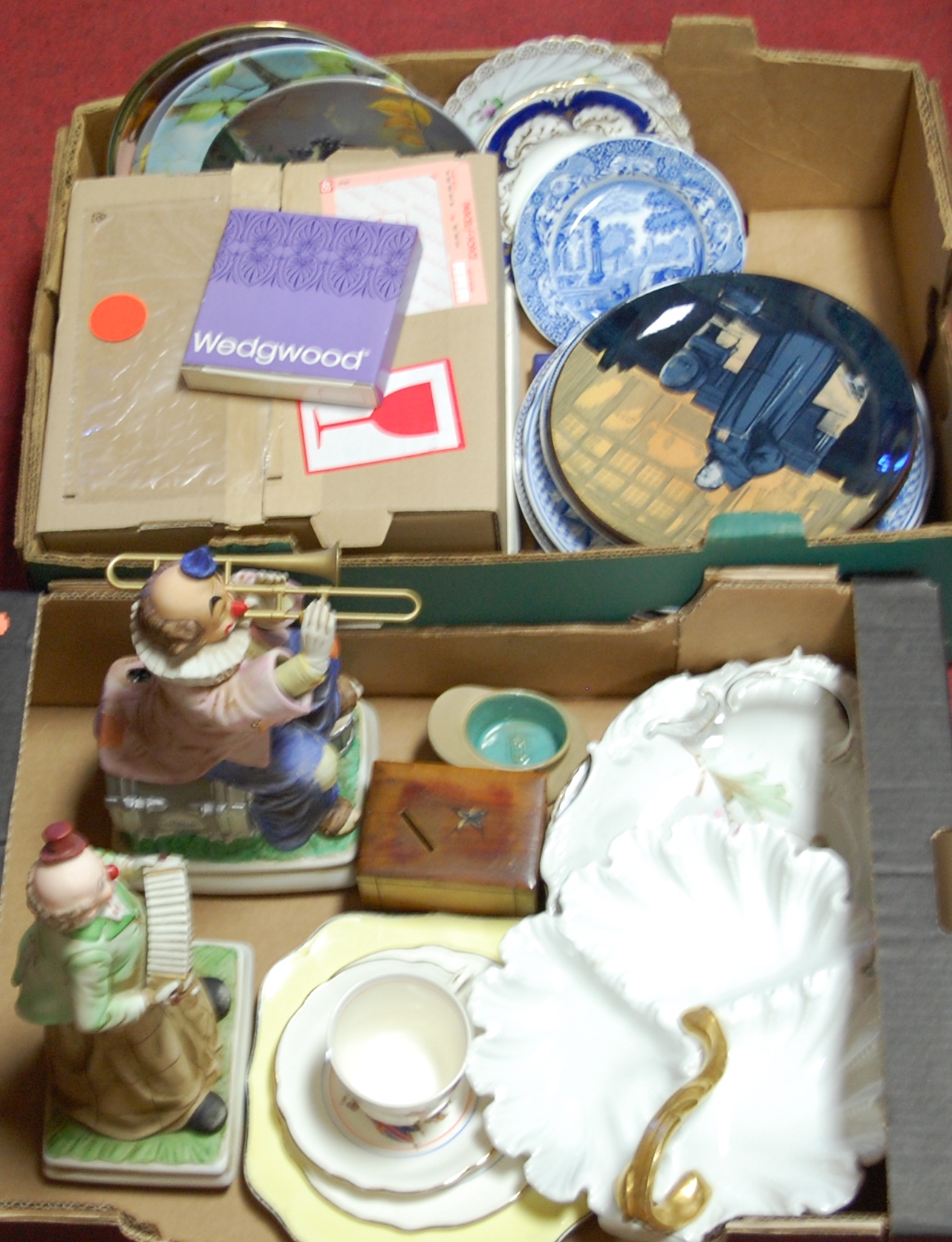 Two boxes of miscellaneous china to include pair of Doulton seriesware plates depicting Friars,