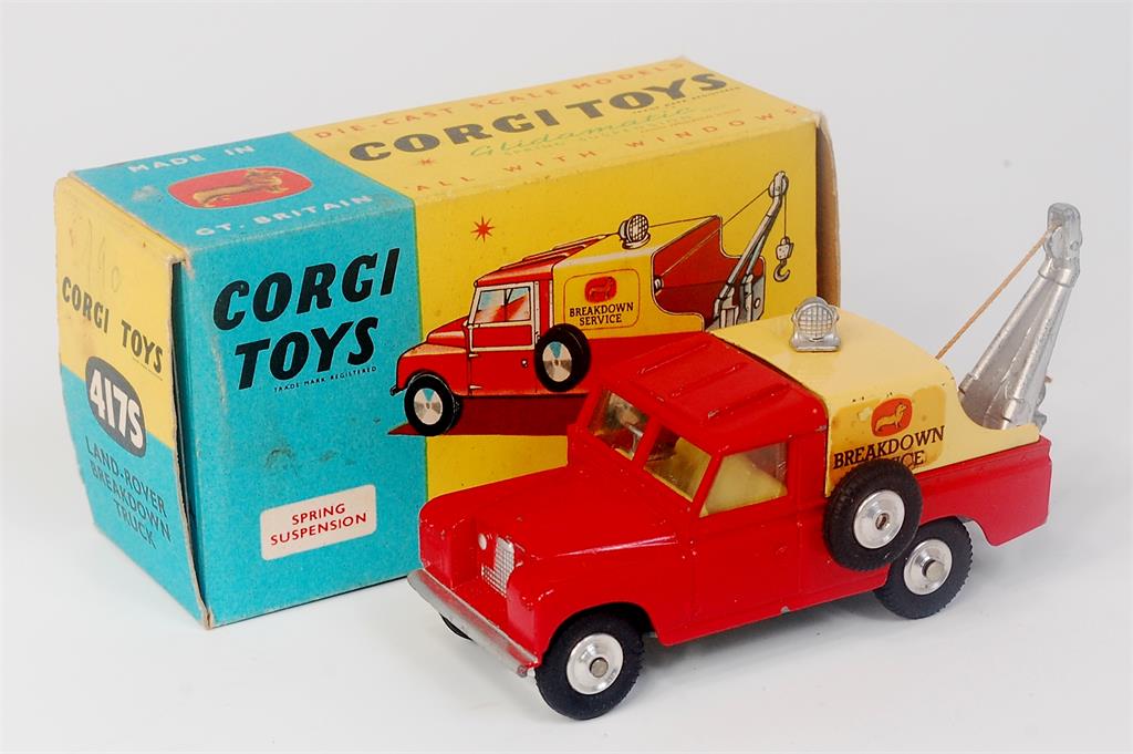 Corgi Toys, 417 Land Rover breakdown truck, red body with yellow tinplate canopy, flat spun hubs,