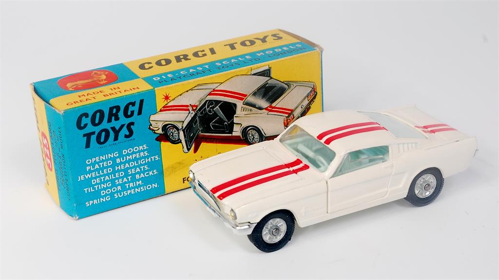 Corgi Toys, 325, Ford Mustang competition fastback, white body with double red stripe on bonnet,
