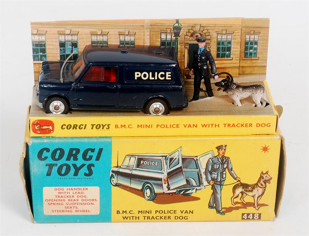 Corgi Toys, 448 BMC Mini police van with tracker dog, dark blue Mini Van, red interior,