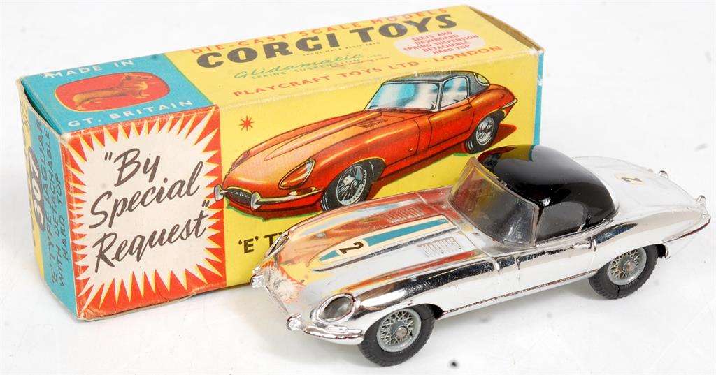 Corgi Toys, 312, Jaguar E Type Competition Model, silver chrome body, with RN2, wire hubs,