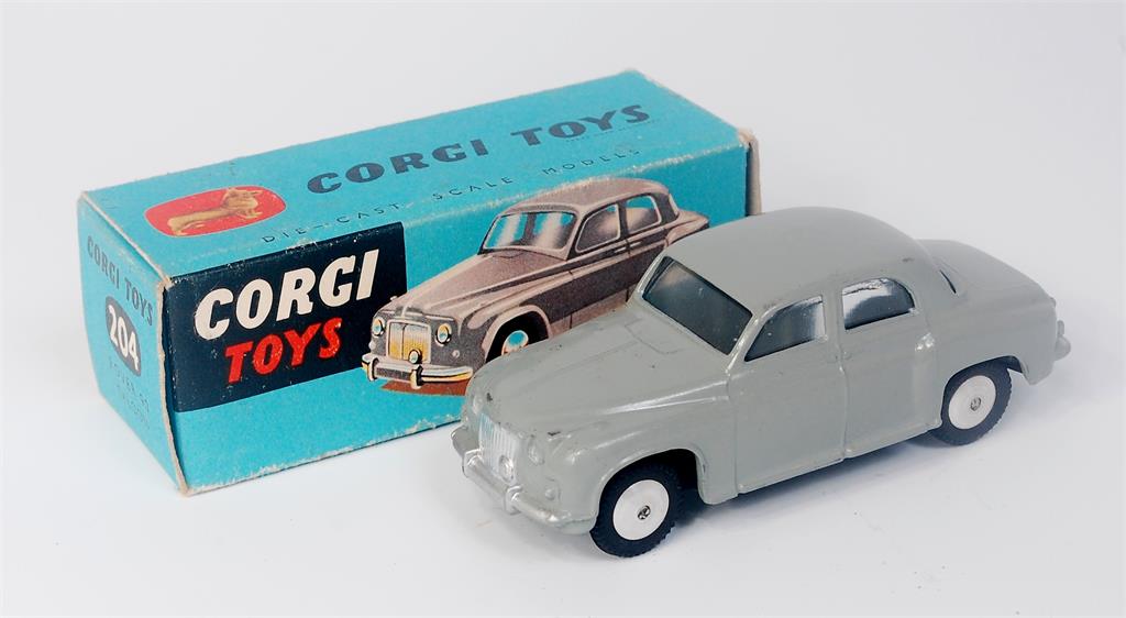 Corgi Toys, 204, Rover 90 Saloon, grey body with flat spun hubs, in the original blue all card box,