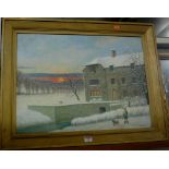 E Costin - Winter landscape with lone dog-walker, oil on millboard, signed lower right,