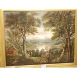 19th century English school - Extensive river landscape scene at sunset, oil on canvas (re-lined),