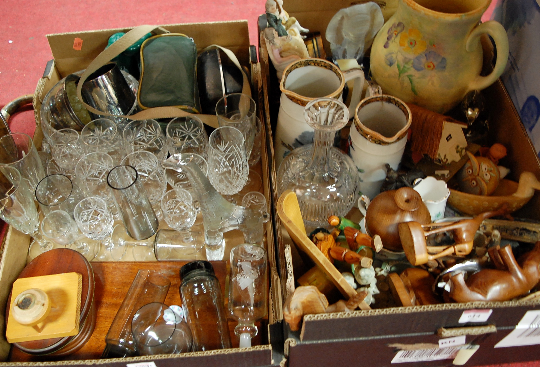 Two boxes of miscellaneous china and glassware to include; Crown Ducal lotus jug,