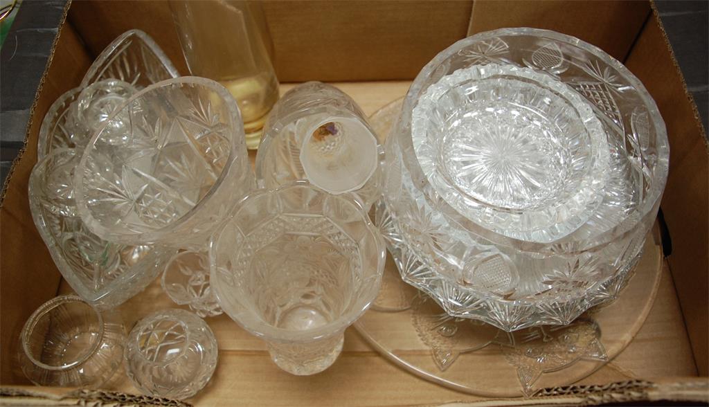 Two boxes of miscellaneous glassware to include cut glass fruit bowl etc