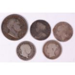 Great Britain, mixed lot of 5 silver coins to include; 1711 Queen Anne shilling,