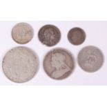 Great Britain, 6 various silver coins to include; 1723 George I ssc sixpence, 1899 Victoria florin,