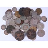 Mixed lot of mainly British silver and other coins to include; 1873 Victoria gothic florin,