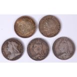 Great Britain, 5 silver crowns to include; 1889, 1891, and 1898 Victoria crowns,