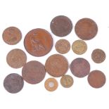 Fifteen various 17th century and later tokens to include; 1856 Victoria Nova Scotia one penny token,