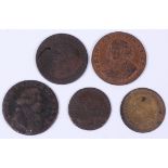 Collection of 5 various tokens to include; 1795 Princess of Wales half penny,