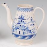 An 18th century English porcelain coffee pot, of baluster form, having leaf moulded spout,