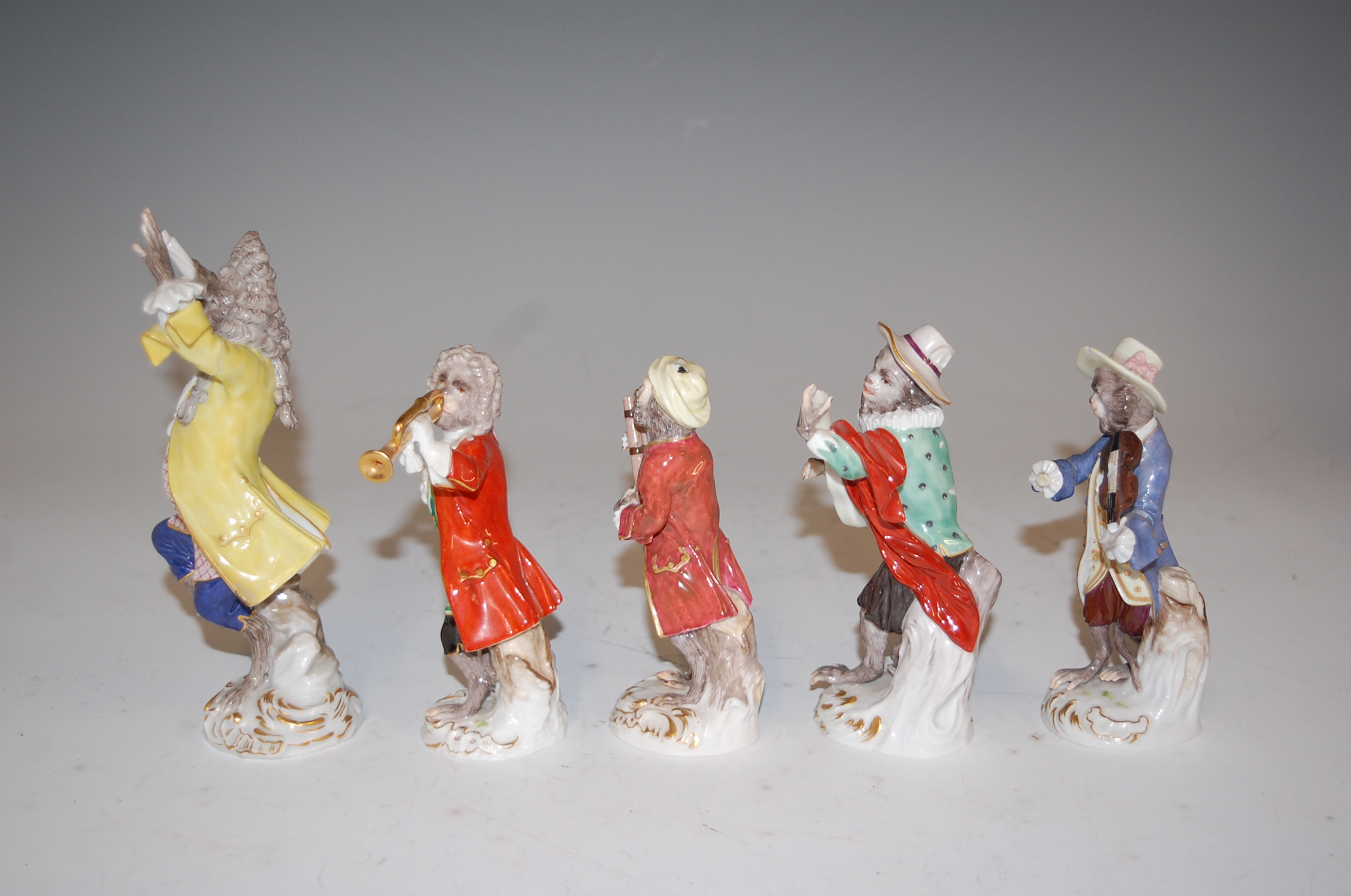 A set of five Meissen porcelain monkey band figures, comprising of the conductor and four musicians, - Image 5 of 8