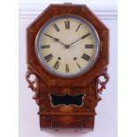 A late Victorian figured walnut droptrunk wall clock, having an unsigned white enamel dial,