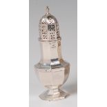 A silver pedestal sugar caster, of octagonal baluster form, with finial topped pierced dome cover,